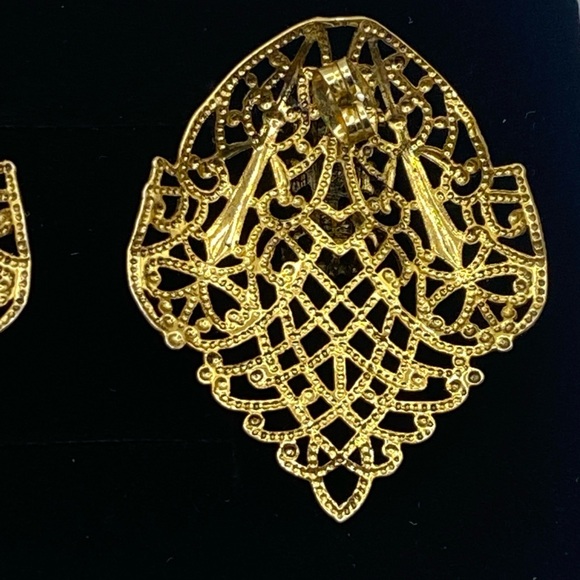 Vintage Filigree Brass Gold Plated Opal Earrings - Picture 8 of 10